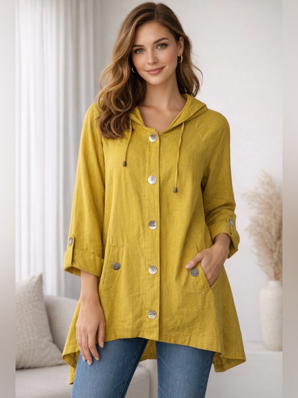Jones & Co. Linen Blend Mustard Yellow Swing Jacket M Hooded Pearl Button Front